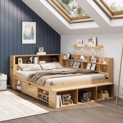 Lit enfant 140×200 cm, bois massif, tiroirs, armoire, recharge sans fil – naturel