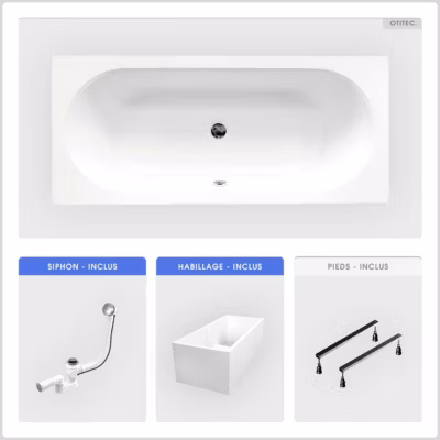 Baignoire rectangulaire – 150 x 75 cm – avec Habillage Polystyrène – Pieds – Vidage Chrome – VITAE SLIM