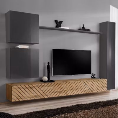 Ensemble Meuble TV « Switch Lamel VIII » 280cm Naturel & Gris