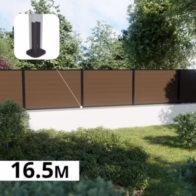 Kit Clôture Composite sur Muret RIO Bronze 16,5×1,2m – Bois composite & Aluminium – Poteaux sur Platines Noir – Brise vue
