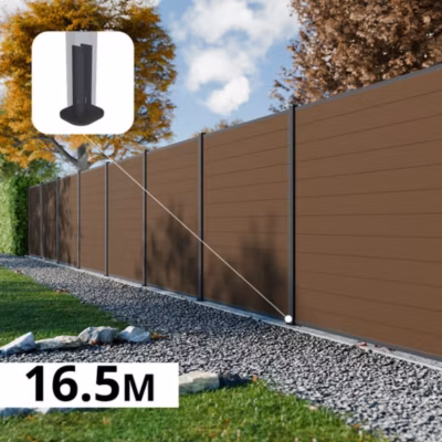 Kit Clôture Composite RIO Bronze 16,5×1,8m – Bois composite & Aluminium – Poteaux sur Platines Gris – Brise vue – Palissade