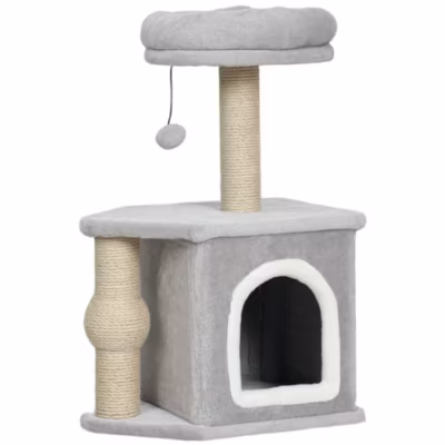 Arbre à chat H.66 cm poteaux à griffer jute lit maison chat plateforme balle de jeu gris