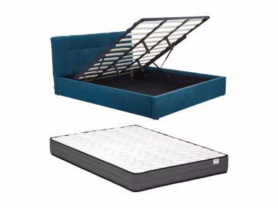 Lit coffre 180 x 200 cm – Tissu bouclette – Bleu canard + Matelas – MAZIRI