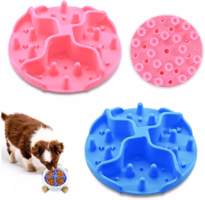 Lot de 2 gamelles à alimentation lente en silicone souple pour chien rose bleu
