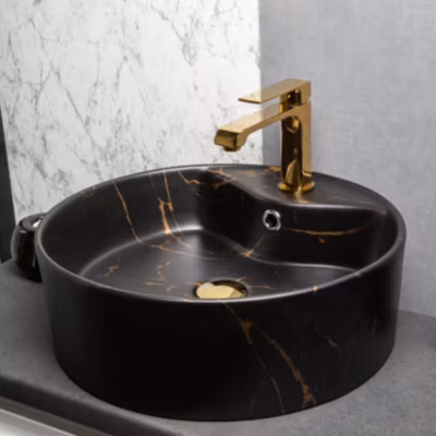Vasque à poser ronde en ceramique TANZA finition marbre noir dore diam46 cm