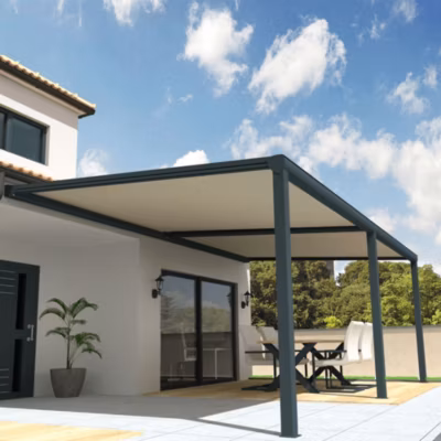 Pergola toile SUNLIGHT Gris anthracite – 8,00×3,00m (Motorisé à télécommande secours + Kit LED 1 coté – Ecru)