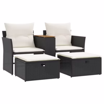 Canapé de jardin 2 places avec tabourets résine tressée (138x50x60 cm – Noir)