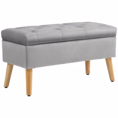 Banquette coffre design scandinave piètement effilé bois assise effet capitonné velours gris