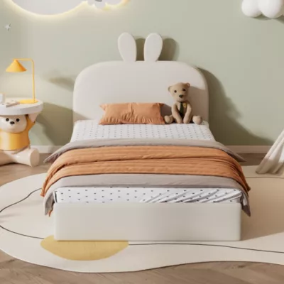 Lit adulte avec tête de lit lapin en tissu Lit simple avec lattes en bois Velours Beige 90 sur 200 centimètres