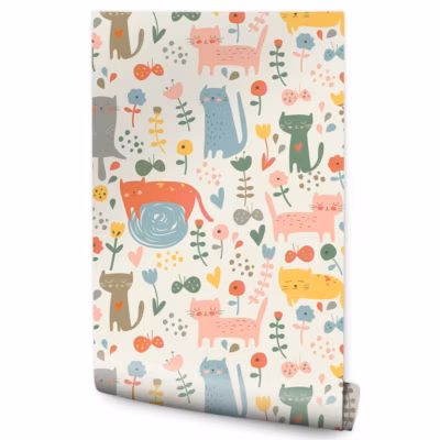 Papier Peint Pour Chambre D&rsquo;Enfant CHATS Animaux Colorés Plantes Conte De Fées