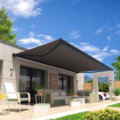 Store banne coffre intégral HEVOA 3,00×2,00 M (Motorisé Secours à Télécommande – Armature gris anthracite – Toile grise)