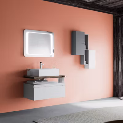 Meuble De Salle De Bain Suspendu 80Cm Avec Tiroir Blanc, Plateau En Chêne Fossile, Lavabo – Lagos