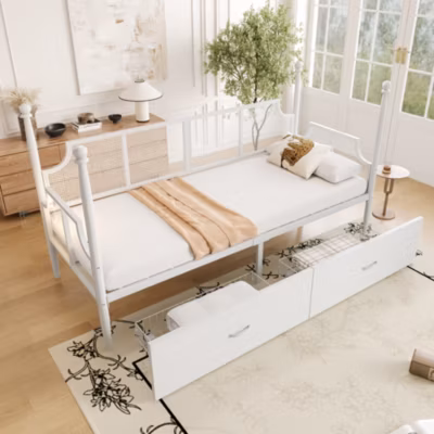 Lit Banquette 90×200 cm – Lit Simple en Métal avec Grand Espace de Rangement et Dossier, Sans Matelas – Blanc