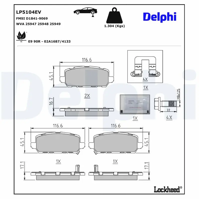 Jeu de 4 plaquettes de frein à disque DELPHI LP5104EV