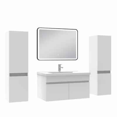Meuble simple vasque blanc 80cm avec colonne + miroir 3 couleurs + dimmable