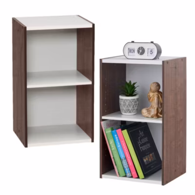 Iris Ohyama, Bibliothèque à 2 etageres de rangement, Lot de 2 meubles d&rsquo;appoint, UB-6035, Marron