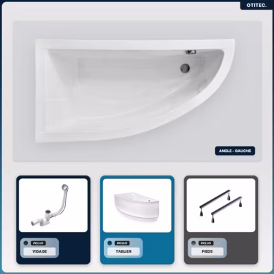 Baignoire asymétrique – 140 x 70 cm – Gauche – avec Tablier – Pieds – Vidage Chrome – PRAKTIKA