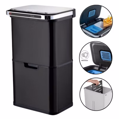 Poubelle cuisine automatique de tri à 4 compartiments – 60L –  Noir mat – Piles ou batterie