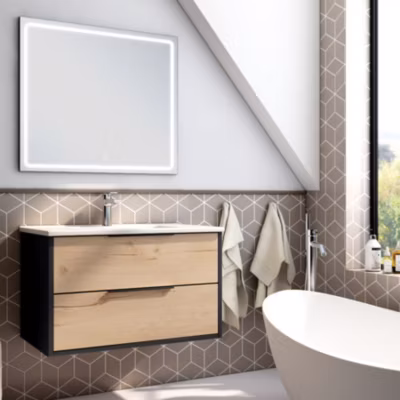 Meuble de salle de bain simple vasque – 2 tiroirs – ALBA et miroir VELDI – noir-Chêne – 80cm