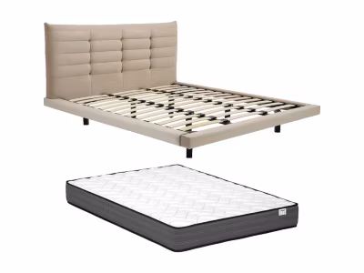 Lit 160 x 200 cm avec tête de lit capitonnée – Velours – Beige + Matelas – NISATIO