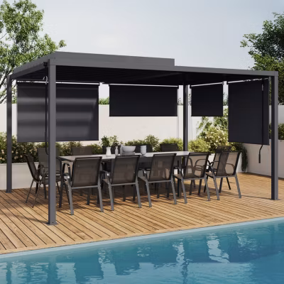 Pergola bioclimatique lames orientables acier 3×4 M et 4 stores gris anthracite