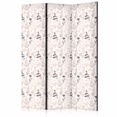 Paravent – Dessin de Fleurs et Herbes – Gris Beige