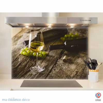 Crédence cuisine fond de hotte Vin blanc et grappe – Alu composite – L 60 cm x H 45 cm – MaCrédenceDéco