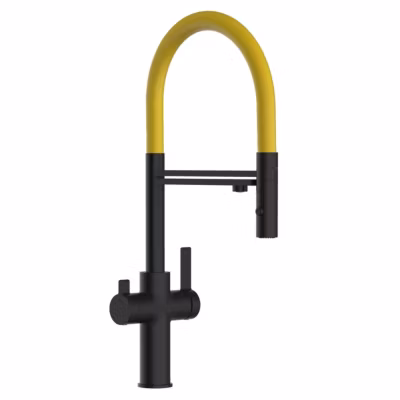 Mitigeur de cuisine 3 Voies Chromé Robinet Bec Jaune Orientable Et Douchette 2 Jets Détachable – Noir Mat