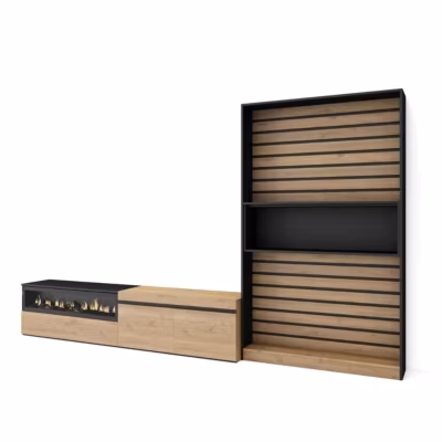 Ensemble meuble TV 310x35x186cm feu led sans chaleur chêne et noir