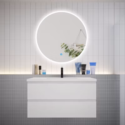 Ensemble meuble vasque L.100cm 2 tiroirs + lavabo + LED miroir rond 90cm,blanc,easy