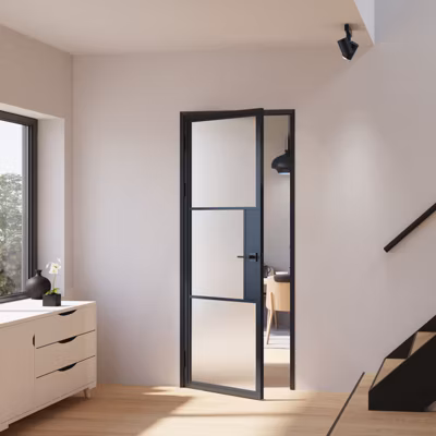 Porte complète Intérieure en verre avec cadre Schulte – Serrure- 71×197 – Noir – Satinée – 3 Vitrages – gauche