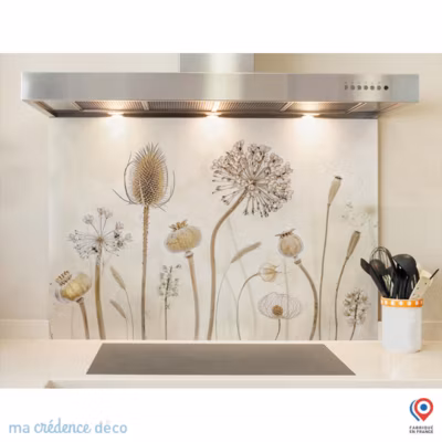 Crédence cuisine fond de hotte fleurs et pissenlits 3 – Verre trempé – L 90 cm x H 60 cm – MaCrédenceDéco
