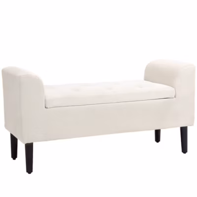 Banquette coffre de rangement design Chesterfield assise capitonnée accoudoirs courbés pieds effilés bois hévéa tissu blanc cassé