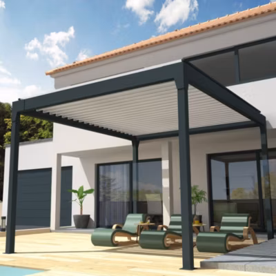 Pergola Bioclimatique COCOON îlot Mixte Gris anthracite / Blanc 4,00×4,063m (Vérin à télécommande + Kit LED 3 cotés)