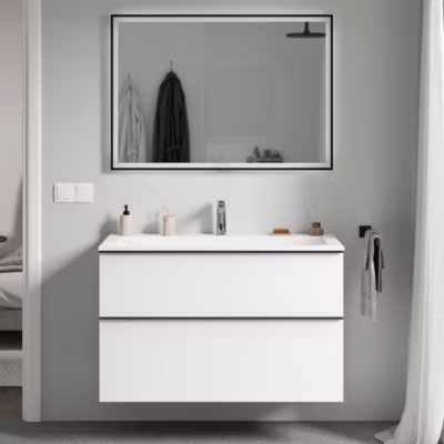 Meuble vasque suspendu MDF Blanc mat, lavabo fonte Blanc mat + trou robinet, poignée Noir mat 100x46x62cm – LAVOA