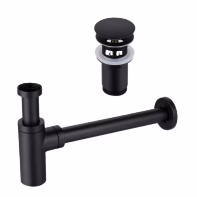 BALNEO – ensemble bonde de lavabo Klik Klak C avec trop-plein noir + siphon rond noir en laiton – kit pour lavabo