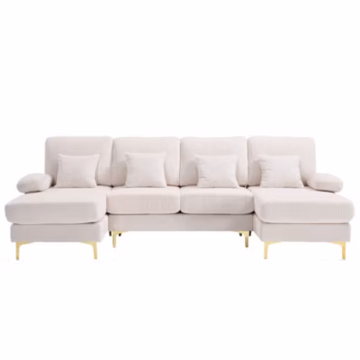 Canapé en U 265x135x88 cm avec éclairage LED et port USB, velours beige, structure bois massif
