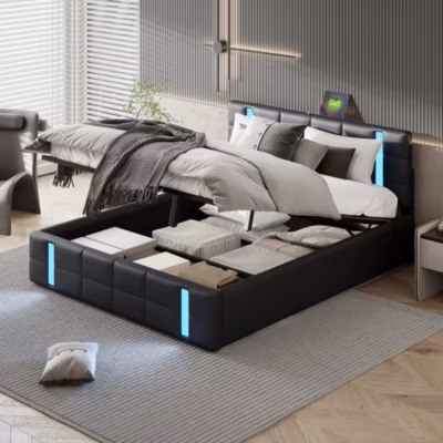 Lit adulte 160×200 cm avec bande lumineuse LED, coffre de rangement, dossier, interface USB x2, lit capitonné noir (adolescent).