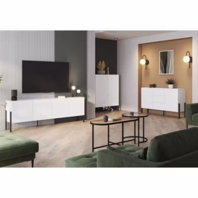 Pack salon SALMA  Buffet XL 4 portes, armoire 2 portes & buffet 2 portes et 3 tiroirs blanc super mat & noir mat