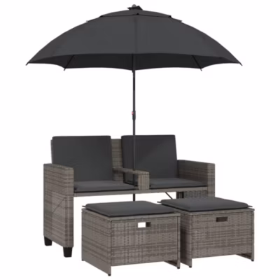 Canapé de jardin 2 places avec parasol et tabourets gris rotin vidaXL