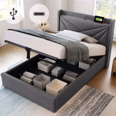 Lit rembourré 90x200cm, lit simple, lit avec rangement et fonction de recharge USB Type C Tête de lit et sommier à lattes,lin,gris