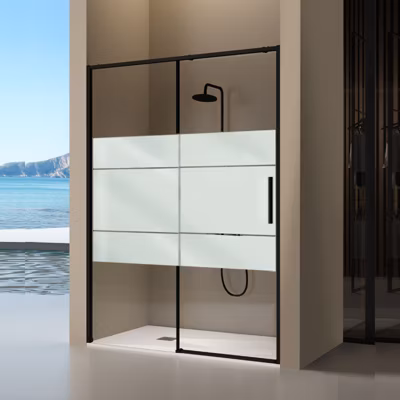 Paroi de douche coulissante DELTA – Noir Mat – Sérigraphié – 107-109.6 cm – Fermeture amortie – Réversible – Anticalcaire