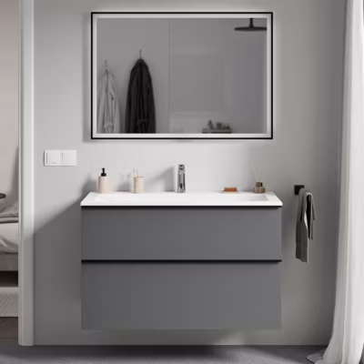 Meuble vasque suspendu MDF Anthracite mat, lavabo fonte Blanc mat + trou robinet, poignée Noir mat 100x46x62cm – LAVOA
