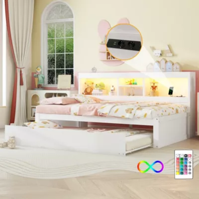 Lit gigogne 90×200 cm ado/enfant avec tiroir coulissant, LED télécommandée, ports USB, prise électrique et rangement – blanc