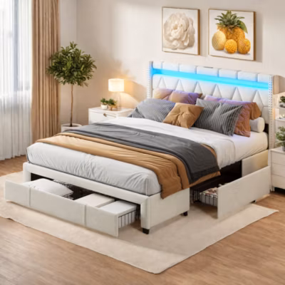 Lit coffre 160×200 cm en lin avec tête de lit losange, lit double avec LED, ports USB et 4 tiroirs métal, Beige