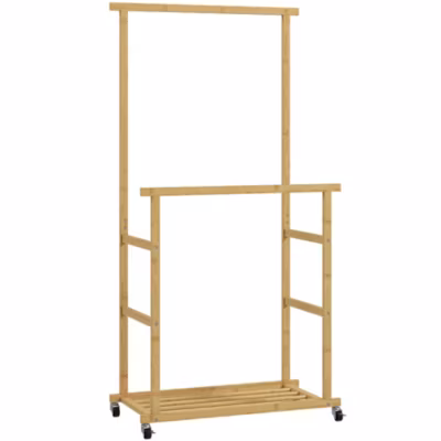 Portant bois bambou naturel verni – penderie mobile double barre et étagère – 80 x 40 x 160 cm