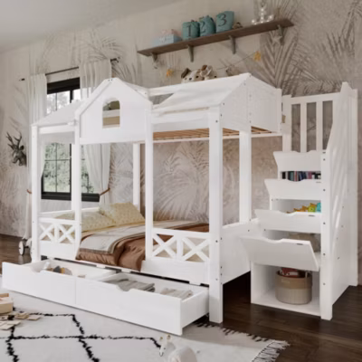 Lit superposé 90×200/140×200 cm avec deux tiroirs à roulettes et armoire d&rsquo;escalier en bois blanc