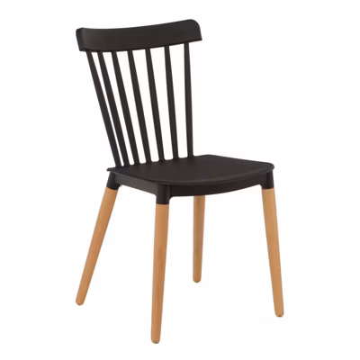 Chaise style scandinave à barreaux modèle POP   Coque en résine noire et pieds en bois naturel