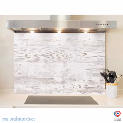Crédence cuisine fond de hotte Bois brut blanc – Verre trempé – L 90 cm x H 70 cm – MaCrédenceDéco