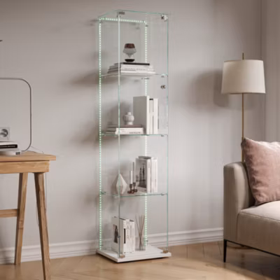 Vitrine 4 étagères avec LED intégrée et plateau blanc, Verre trempé transparent pour salon, chambre ou bureau, Blanc